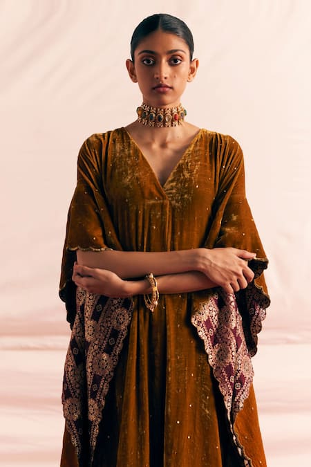 Buy Mimamsaa Yellow Silk Velvet Embroidered And Woven Avleen Kaftan & Pant Set Buy_Mimamsaa_Yellow Silk Velvet Embroidered And Woven Avleen Kaftan & Pant Set