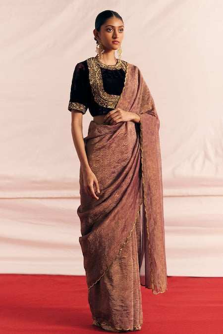 Shop_Mimamsaa_Purple Saree Tissue Silk Embroidered Sequin And Bushra Blouse & Set  _Online_at_Aza_Fashions