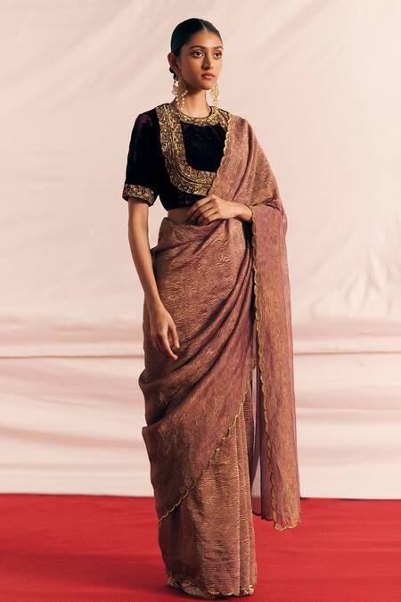 Shop Mimamsaa Purple Silk, Velvet Sequins Round Neck Bushra Floral Embroidered Blouse Online at Aza Fashions Shop_Mimamsaa_Purple Silk, Velvet Sequins Round Neck Bushra Floral Embroidered Blouse _Online_at_Aza_Fashions