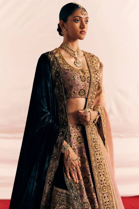 Mimamsaa_Purple Satin Silk Brocade Woven And Channan Jaal Bridal Lehenga Set  _Online_at_Aza_Fashions