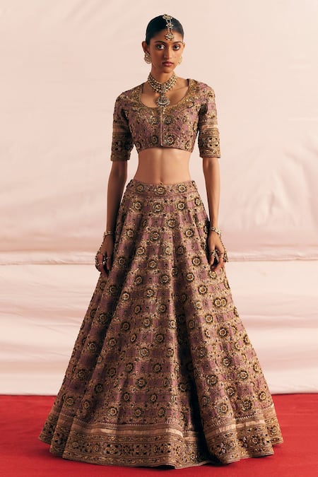 Shop_Mimamsaa_Purple Satin Silk Brocade Woven And Channan Jaal Bridal Lehenga Set  _Online_at_Aza_Fashions