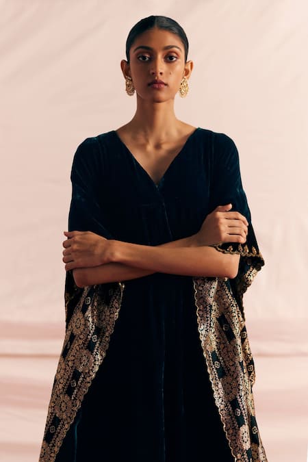 Mimamsaa_Black Silk, Velvet Sequins, Embroidery V-neck Dhianni Border Kaftan And Pant Set _Online_at_Aza_Fashions