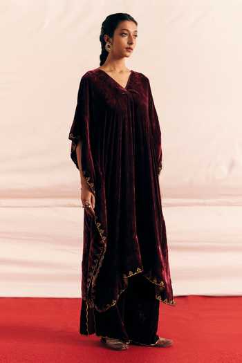 Mimamsaa_Wine Silk Velvet Embroidered And Woven Eknoor Border Kaftan & Pant Set  _Online_at_Aza_Fashions