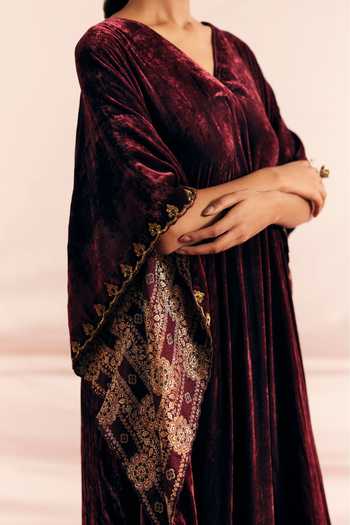 Buy_Mimamsaa_Wine Silk Velvet Embroidered And Woven Eknoor Border Kaftan & Pant Set  _Online_at_Aza_Fashions