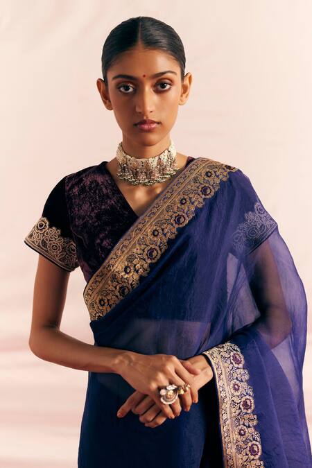 Buy_Mimamsaa_Blue Saree Silk Organza Woven And Hand Husna Bordered & Blouse Set  _Online_at_Aza_Fashions