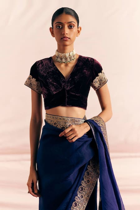 Shop_Mimamsaa_Blue Saree Silk Organza Woven And Hand Husna Bordered & Blouse Set  _Online_at_Aza_Fashions