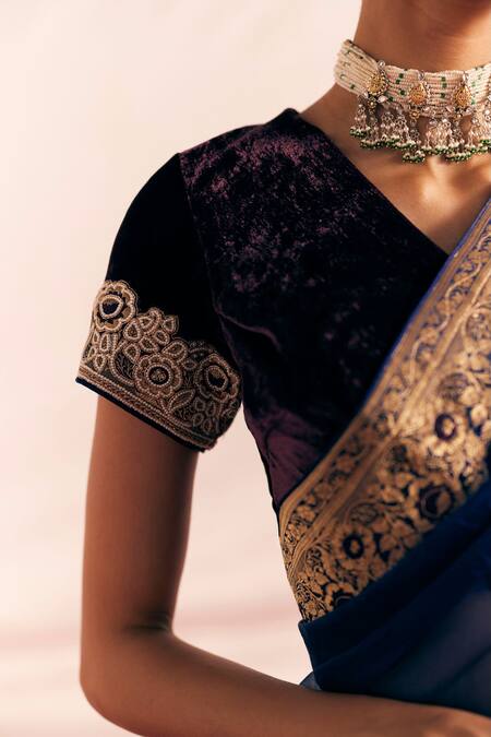 Buy Mimamsaa Wine Silk Velvet Embroidered Applique V Neck Husna Floral Bead Blouse Online at Aza Fashions Buy_Mimamsaa_Wine Silk Velvet Embroidered Applique V Neck Husna Floral Bead Blouse _Online_at_Aza_Fashions