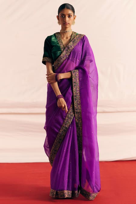 Palatinate Purple Tissue Organza Saree With Hand Embroidery | Singhania's