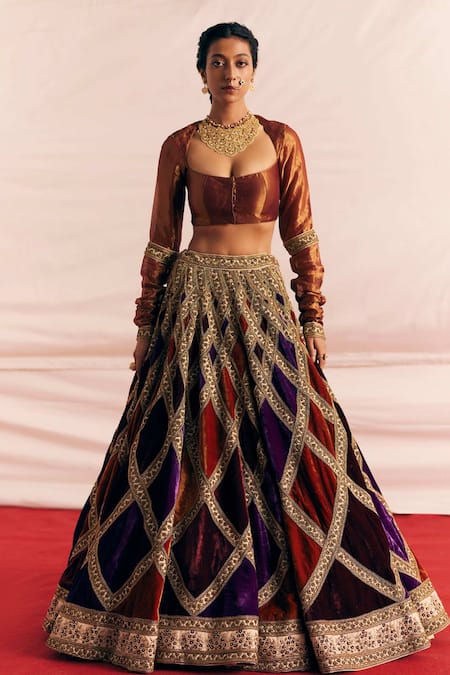 Shop Mimamsaa Multi Color Silk Velvet Woven And Preet Block Bridal Lehenga Set at Aza Fashions Shop_Mimamsaa_Multi Color Silk Velvet Woven And Preet Block Bridal Lehenga Set _at_Aza_Fashions