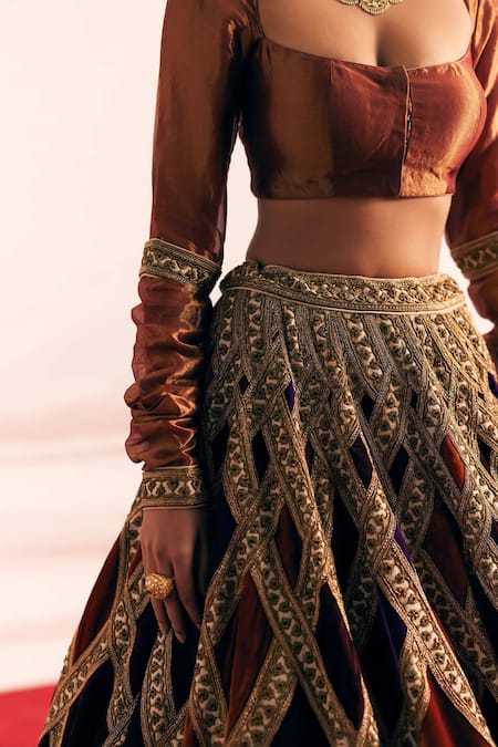 Mimamsaa Multi Color Silk Velvet Woven And Preet Block Bridal Lehenga Set Online at Aza Fashions Mimamsaa_Multi Color Silk Velvet Woven And Preet Block Bridal Lehenga Set _Online_at_Aza_Fashions