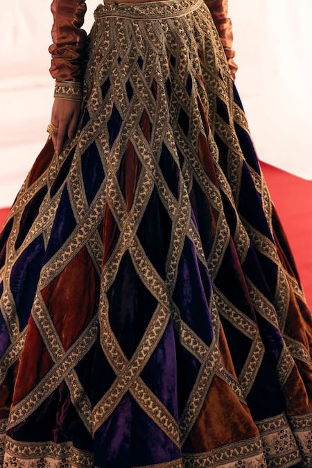 Buy Mimamsaa Multi Color Silk Velvet Woven And Preet Block Bridal Lehenga Set Online at Aza Fashions Buy_Mimamsaa_Multi Color Silk Velvet Woven And Preet Block Bridal Lehenga Set _Online_at_Aza_Fashions