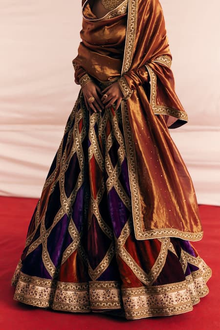 Shop Mimamsaa Multi Color Silk Velvet Woven And Preet Block Bridal Lehenga Set Online at Aza Fashions Shop_Mimamsaa_Multi Color Silk Velvet Woven And Preet Block Bridal Lehenga Set _Online_at_Aza_Fashions