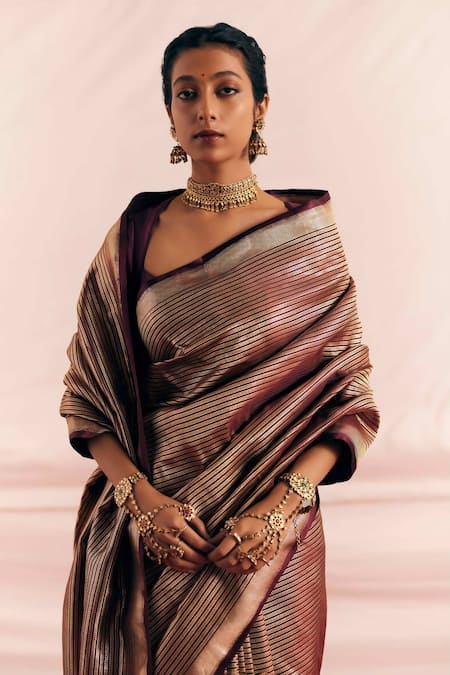 Shop Mimamsaa Maroon Satin Silk Woven Ramnik Saree With Unstitched Blouse Piece Online at Aza Fashions Shop_Mimamsaa_Maroon Satin Silk Woven Ramnik Saree With Unstitched Blouse Piece _Online_at_Aza_Fashions