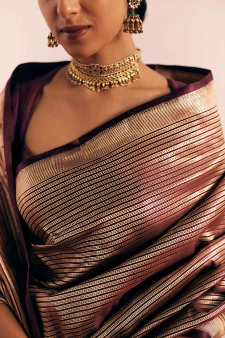 Buy Mimamsaa Maroon Satin Silk Woven Ramnik Saree With Unstitched Blouse Piece Buy_Mimamsaa_Maroon Satin Silk Woven Ramnik Saree With Unstitched Blouse Piece