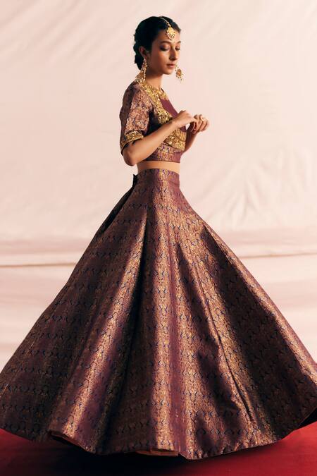 Mimamsaa Maroon Brocade Silk Woven And Embroidered Vintage Pattern Round Bridal Lehenga Set Online at Aza Fashions Mimamsaa_Maroon Brocade Silk Woven And Embroidered Vintage Pattern Round Bridal Lehenga Set _Online_at_Aza_Fashions