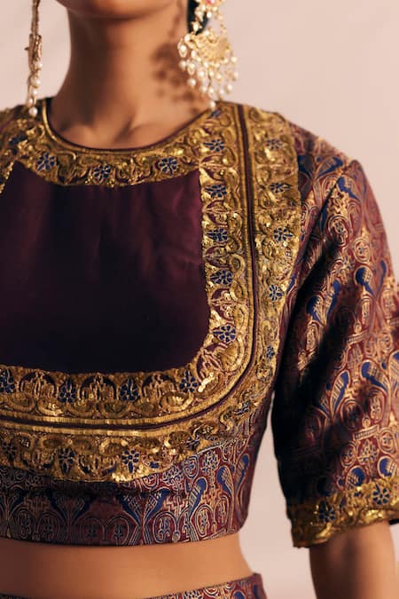 Buy Mimamsaa Maroon Brocade Silk Woven And Embroidered Vintage Pattern Round Bridal Lehenga Set Online at Aza Fashions Buy_Mimamsaa_Maroon Brocade Silk Woven And Embroidered Vintage Pattern Round Bridal Lehenga Set _Online_at_Aza_Fashions