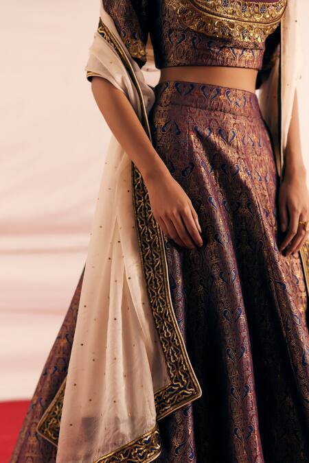 Buy Mimamsaa Maroon Brocade Silk Woven And Embroidered Vintage Pattern Round Bridal Lehenga Set Buy_Mimamsaa_Maroon Brocade Silk Woven And Embroidered Vintage Pattern Round Bridal Lehenga Set