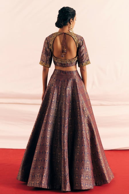 Shop Mimamsaa Maroon Brocade Silk Woven And Embroidered Vintage Pattern Round Bridal Lehenga Set at Aza Fashions Shop_Mimamsaa_Maroon Brocade Silk Woven And Embroidered Vintage Pattern Round Bridal Lehenga Set _at_Aza_Fashions