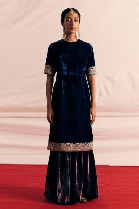Mimamsaa_Blue Silk, Velvet, Organza Embroidery, Simrat Woven Bordered Kurta Gharara Set _Online_at_Aza_Fashions