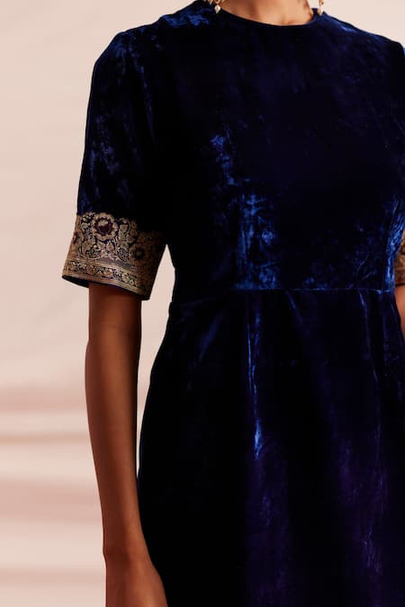 Buy_Mimamsaa_Blue Silk, Velvet, Organza Embroidery, Simrat Woven Bordered Kurta Gharara Set _Online_at_Aza_Fashions