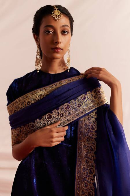Shop_Mimamsaa_Blue Organza Silk Woven And Hand Embroidered Floral Simrat Dupatta  _at_Aza_Fashions