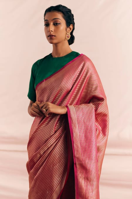 Shop Mimamsaa Magenta Satin Silk Woven Simrin Saree With Unstitched Blouse Piece Online at Aza Fashions Shop_Mimamsaa_Magenta Satin Silk Woven Simrin Saree With Unstitched Blouse Piece _Online_at_Aza_Fashions
