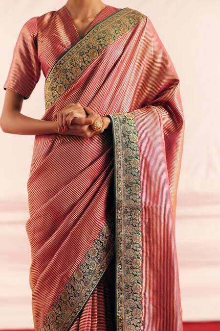Buy_Mimamsaa_Magenta Satin Silk Veera Border Saree With Unstitched Blouse Piece  _Online_at_Aza_Fashions