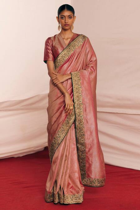 Shop_Mimamsaa_Magenta Satin Silk Veera Border Saree With Unstitched Blouse Piece  _Online_at_Aza_Fashions