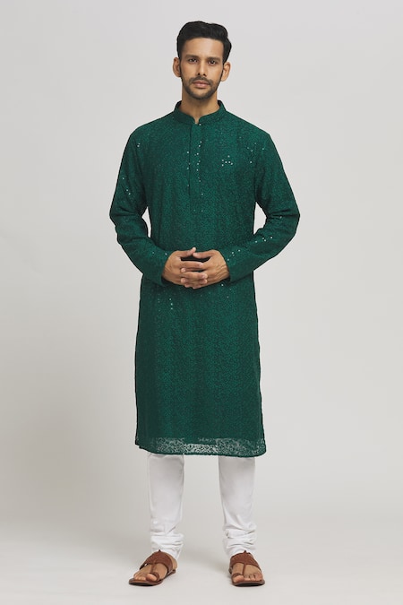Aham-Vayam Green Cotton Embroidered Sequins Festive Kurta And Churidar Set