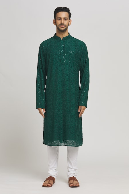 Aham-Vayam_Green Cotton Sequins, Embroidery Festive Kurta And Churidar Set _Online_at_Aza_Fashions