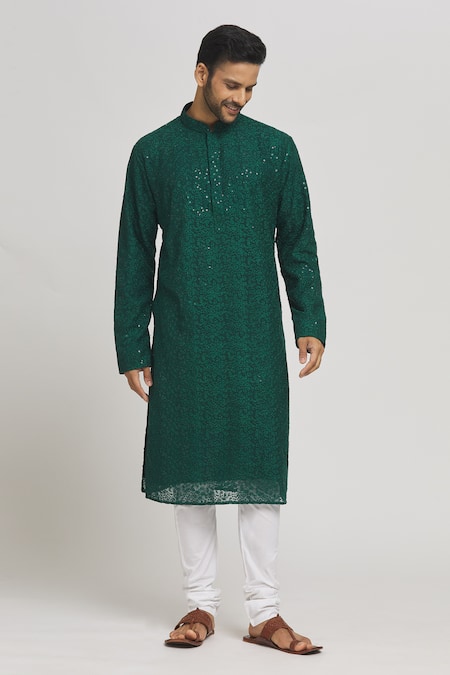 Buy_Aham-Vayam_Green Cotton Sequins, Embroidery Festive Kurta And Churidar Set _Online_at_Aza_Fashions