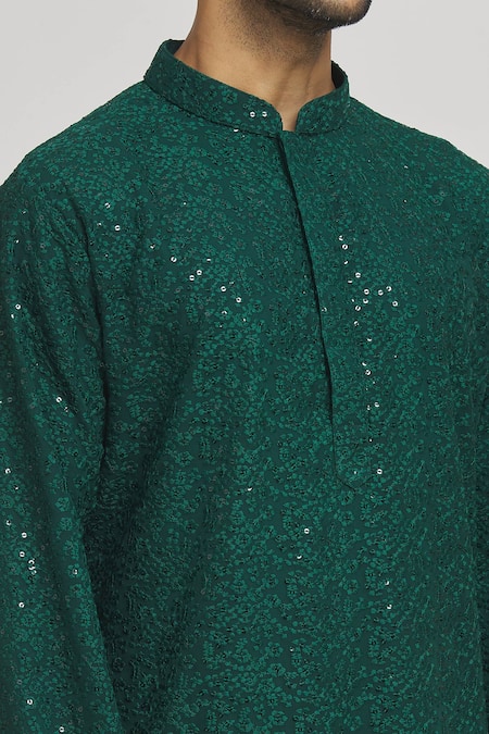 Shop_Aham-Vayam_Green Cotton Sequins, Embroidery Festive Kurta And Churidar Set _Online_at_Aza_Fashions