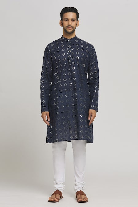 Aham-Vayam_Blue Cotton Sequins, Embroidery Heera Work Kurta And Churidar Set _Online_at_Aza_Fashions