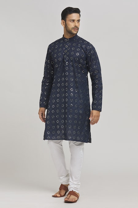 Buy_Aham-Vayam_Blue Cotton Sequins, Embroidery Heera Work Kurta And Churidar Set _Online_at_Aza_Fashions