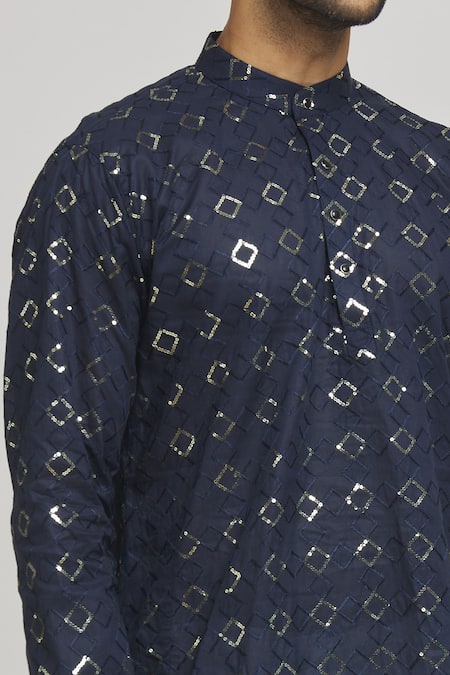 Shop_Aham-Vayam_Blue Cotton Sequins, Embroidery Heera Work Kurta And Churidar Set _Online_at_Aza_Fashions