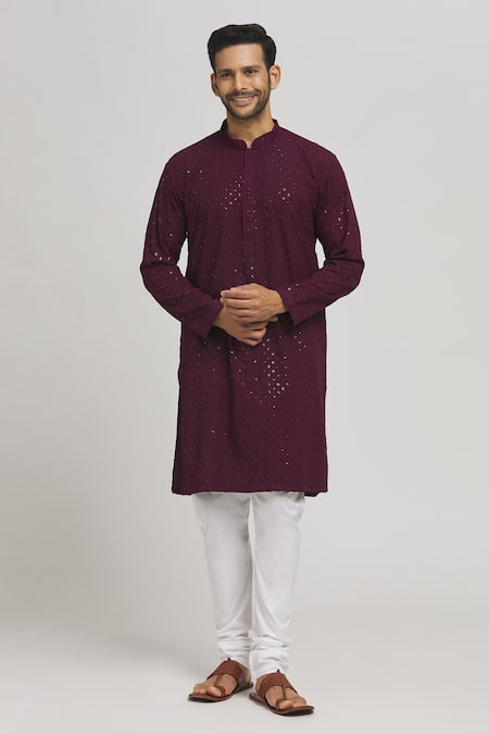 Aham-Vayam Maroon Cotton Embroidered Geometric Mihir Kurta And Churidar Set 