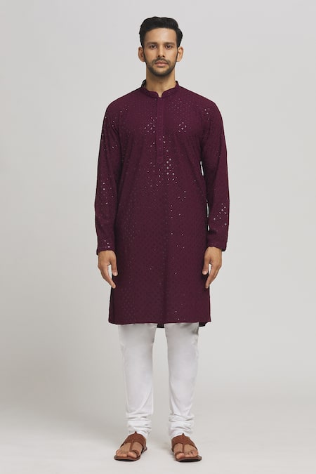 Aham-Vayam_Maroon Cotton Mirrors, Embroidery Mihir Kurta And Churidar Set_Online_at_Aza_Fashions