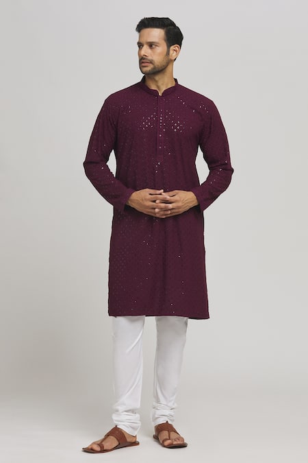 Buy_Aham-Vayam_Maroon Cotton Mirrors, Embroidery Mihir Kurta And Churidar Set_Online_at_Aza_Fashions