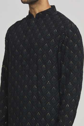 Aham-Vayam_Black Cotton Sequins, Embroidery Kurta And Churidar Set _Online_at_Aza_Fashions