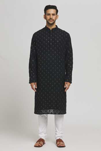 Buy_Aham-Vayam_Black Cotton Sequins, Embroidery Kurta And Churidar Set _Online_at_Aza_Fashions