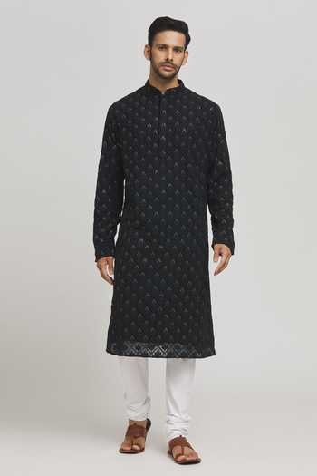 Shop_Aham-Vayam_Black Cotton Sequins, Embroidery Kurta And Churidar Set _Online_at_Aza_Fashions
