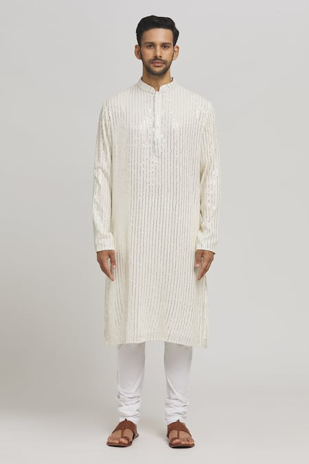 Aham-Vayam_White Cotton Sequins, Embroidery Chaandi Kurta And Churidar Set _Online_at_Aza_Fashions