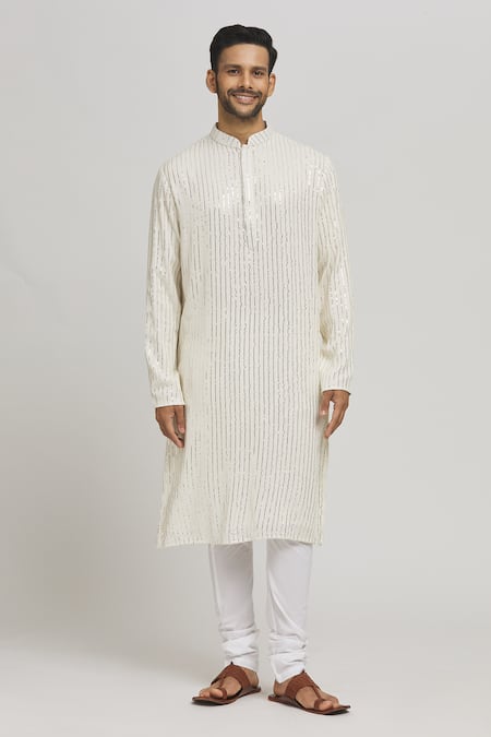 Shop_Aham-Vayam_White Cotton Sequins, Embroidery Chaandi Kurta And Churidar Set _Online_at_Aza_Fashions