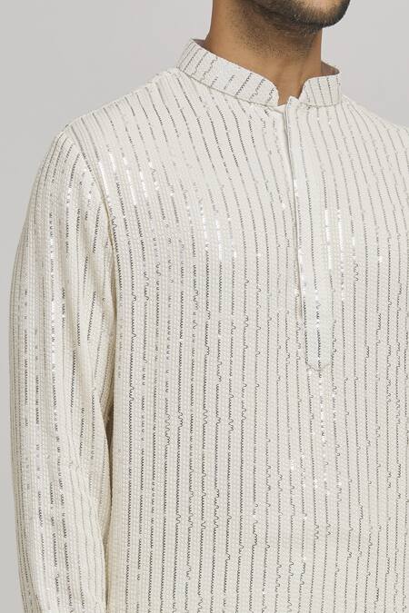 Aham-Vayam_White Cotton Sequins, Embroidery Chaandi Kurta And Churidar Set _at_Aza_Fashions