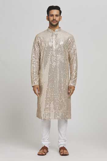 Aham-Vayam Ivory Cotton Sequins, Embroidery Dhoomdhaam Kurta And Churidar Set Online at Aza Fashions Aham-Vayam_Ivory Cotton Sequins, Embroidery Dhoomdhaam Kurta And Churidar Set _Online_at_Aza_Fashions