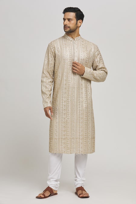 Aham-Vayam Ivory Cotton Embroidered Sequins Rajaji Kurta And Churidar Set 