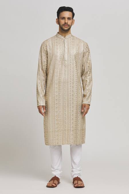 Aham-Vayam_Ivory Cotton Sequins, Embroidery Rajaji Kurta And Churidar Set _Online_at_Aza_Fashions