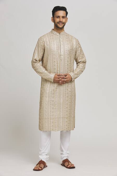 Buy_Aham-Vayam_Ivory Cotton Sequins, Embroidery Rajaji Kurta And Churidar Set _Online_at_Aza_Fashions