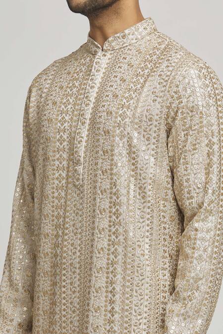 Shop_Aham-Vayam_Ivory Cotton Sequins, Embroidery Rajaji Kurta And Churidar Set _Online_at_Aza_Fashions