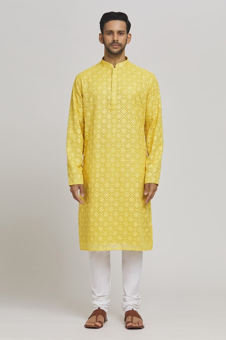 Aham-Vayam_Yellow Cotton Embroidery Phoolpatti Kurta And Churidar Set _Online_at_Aza_Fashions